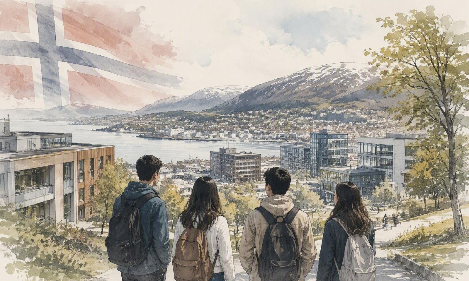 Watercolor-style illustration of international students overlooking a Norwegian university campus with a faded Norwegian flag in the background.