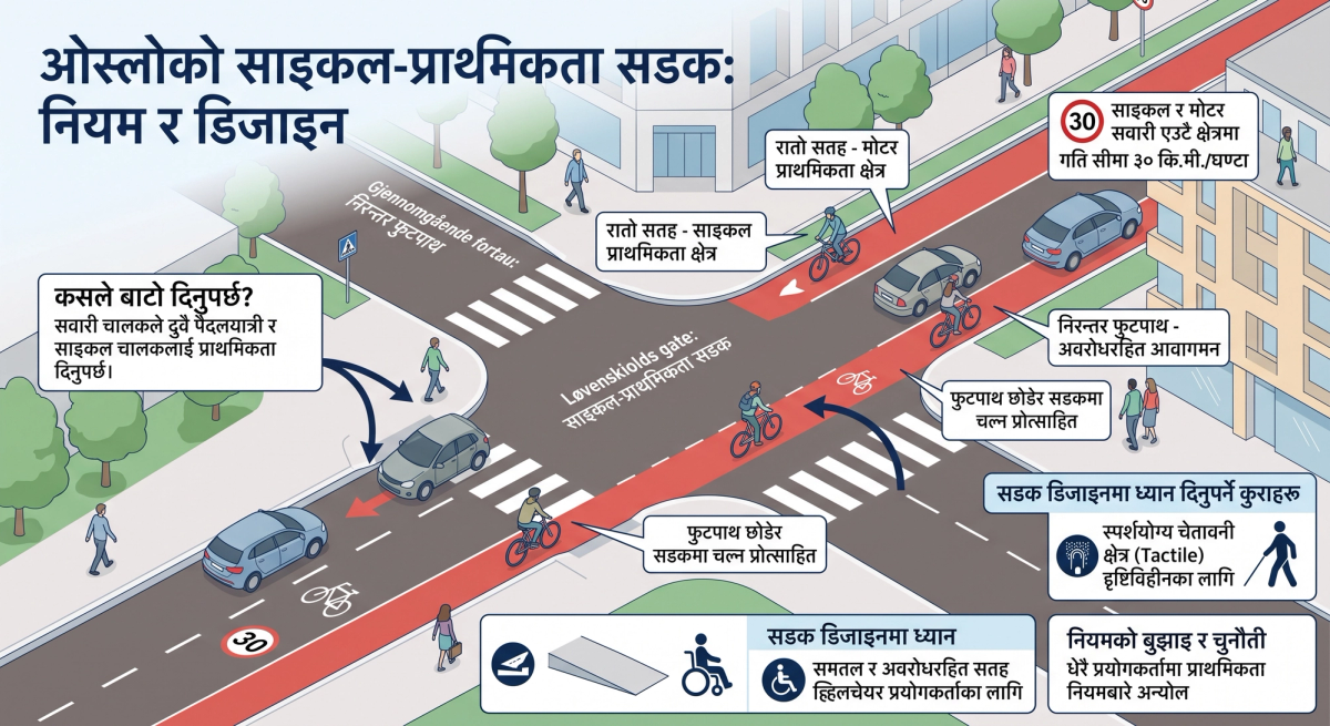 ओस्लोको साइकल-प्राथमिकता सडक र निरन्तर फुटपाथको चित्रात्मक नक्सा। चित्रमा रातो साइकल क्षेत्र, मोटर सवारी, साइकल चालक, पैदलयात्री, पैदल crossing र ३० किलोमिटर प्रतिघण्टाको गति सीमा देखाइएको छ। निरन्तर फुटपाथ पार गर्दा सवारी चालकले पैदलयात्री र साइकल चालकलाई बाटो दिनुपर्ने तथा स्पष्ट रङ, स्पर्शयोग्य चेतावनी क्षेत्र र समतल सतहको महत्त्व पनि उल्लेख गरिएको छ।