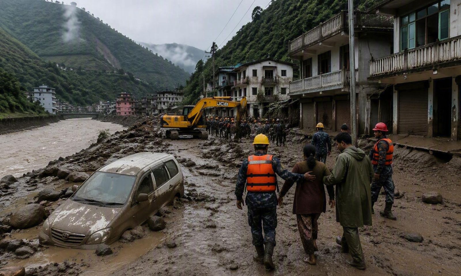 बाढीपछि हिलो र ढुङ्गाले ढाकिएको हिमाली नदीकिनारमा उद्धारकर्मी, स्थानीय बासिन्दा, एक्स्काभेटर र हिलोमा फसेको गाडी देखिएको प्रतीकात्मक दृश्य।