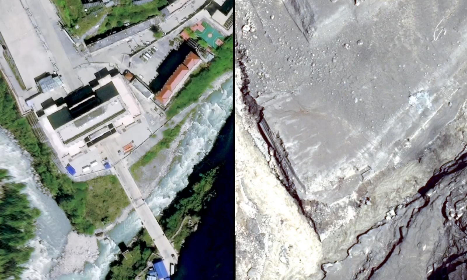 Satellittbilder av området rundt Gyirong-grenseovergangen før og etter flommen. Til venstre vises veier, bygninger, en bro og elven før katastrofen, mens området til høyre er dekket av jord og flomavsetninger.