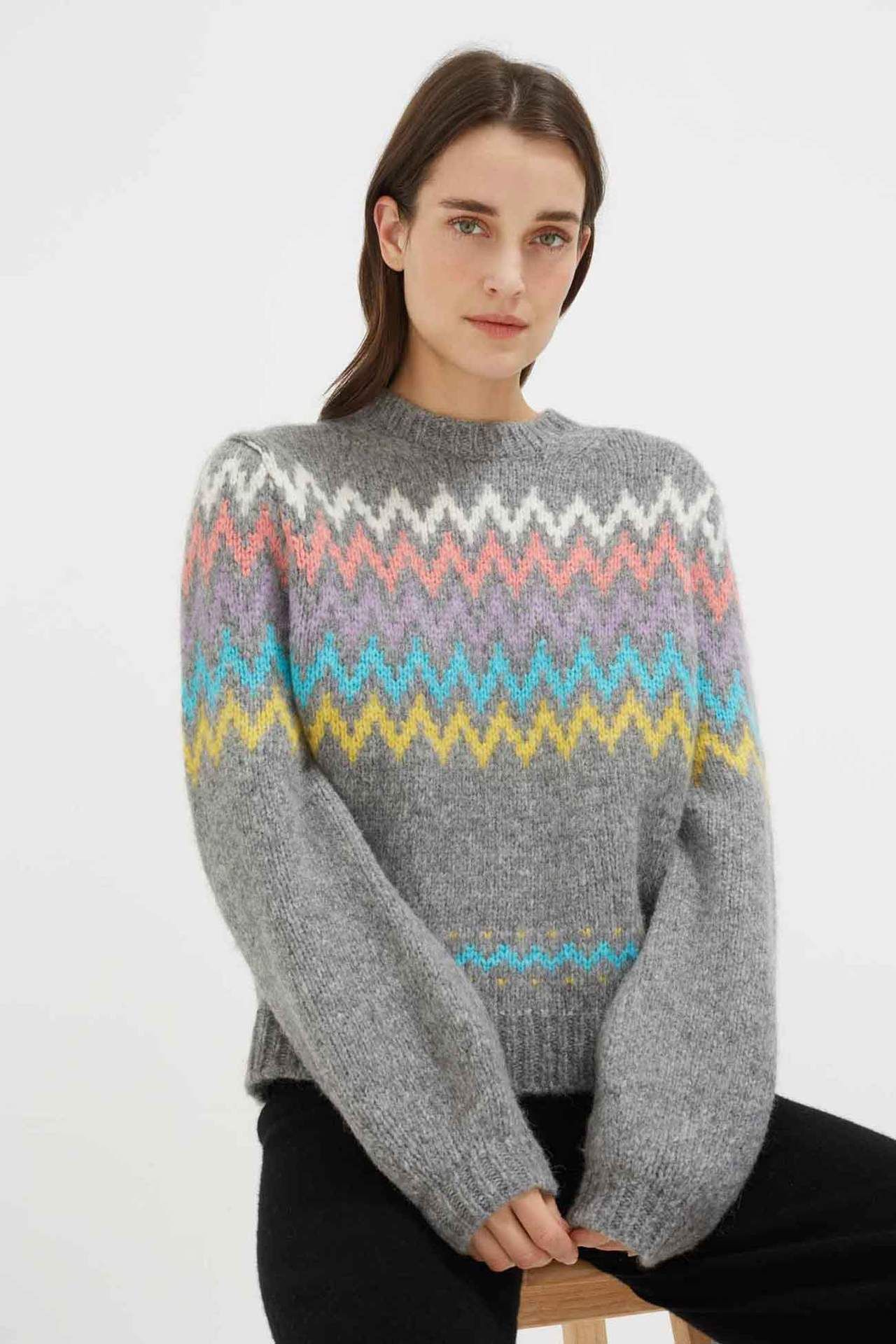 Zig Zag Yoke fair Isle Sweater Grey/Multi | O2 Life