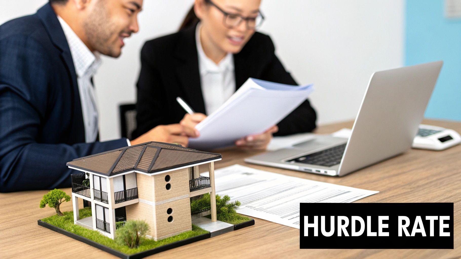 Two professionals review documents at a desk with a model house, laptop, and 'HURDLE RATE' text.