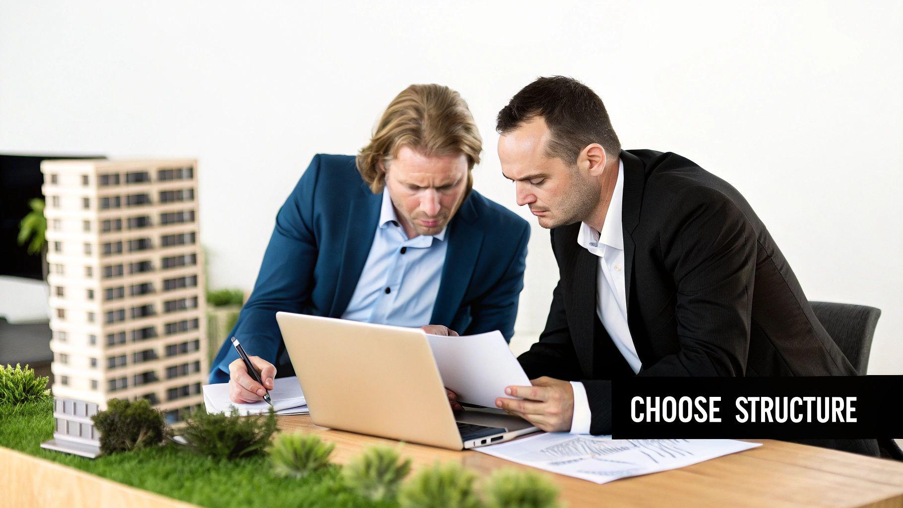 Two real estate professionals reviewing building plans on a tablet in front of a construction site