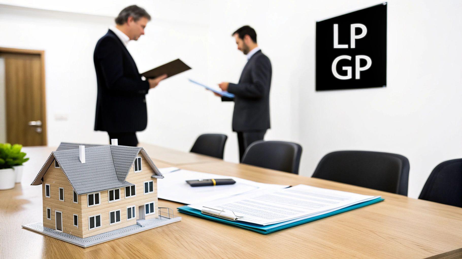 A model house on a table during a business meeting about real estate and partnerships.