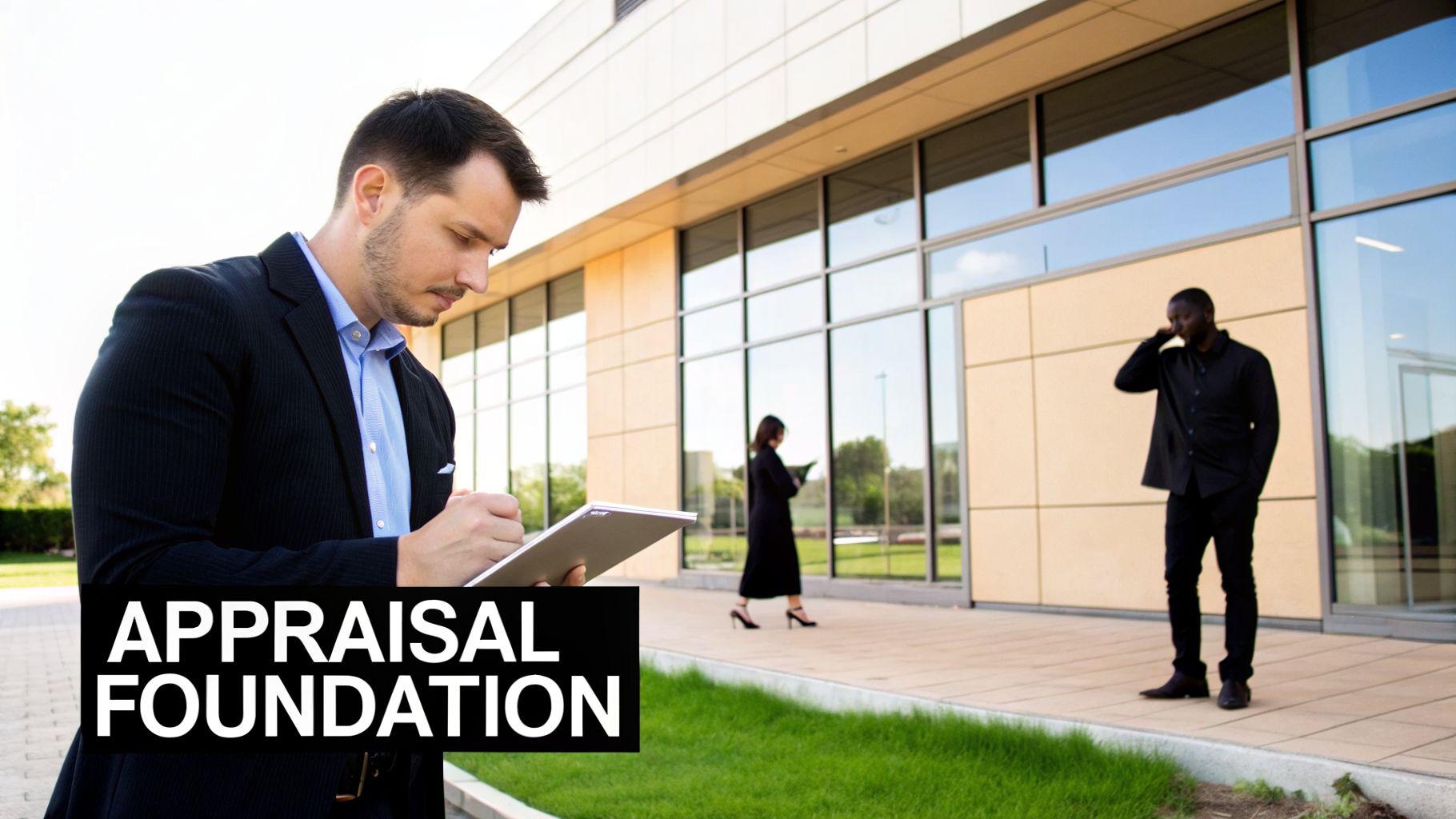 A man in a suit writes on a tablet outdoors, against a modern building with 'APPRAISAL FOUNDATION' text.