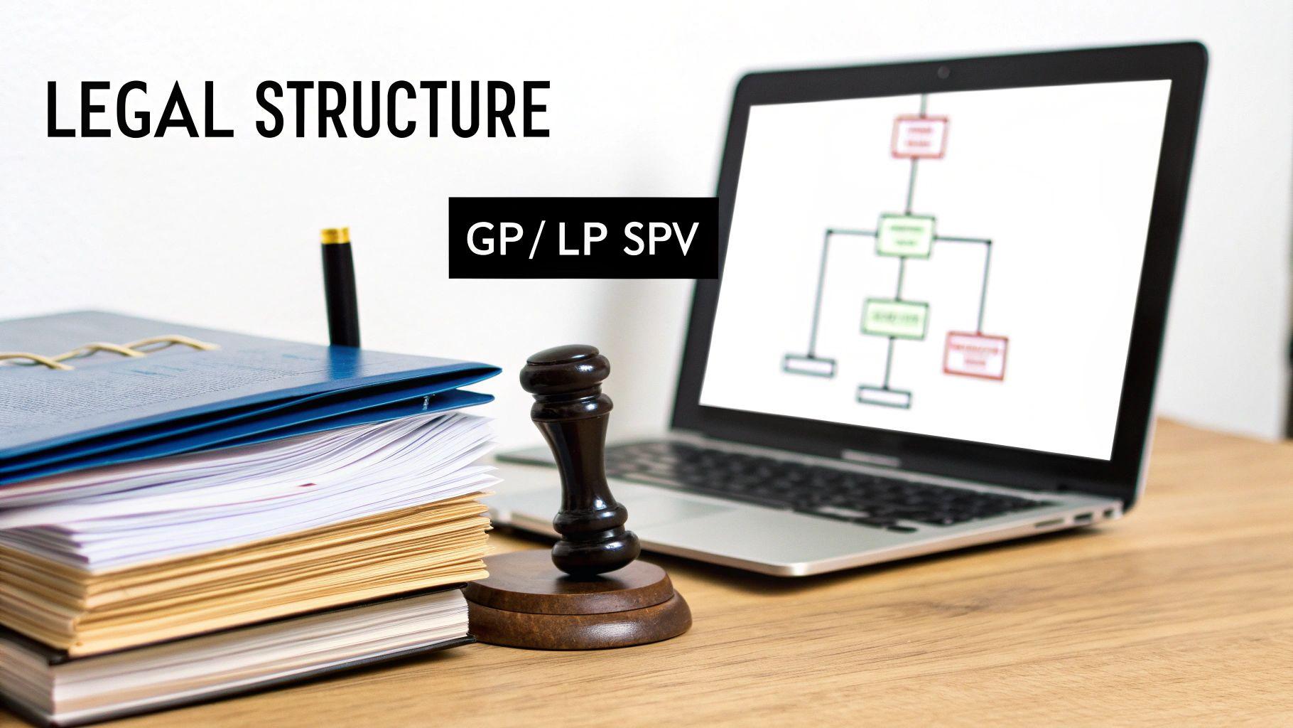 Desk with legal documents, a gavel, and a laptop showing a flowchart, with text 'LEGAL STRUCTURE' and 'GP / LP SPV'.