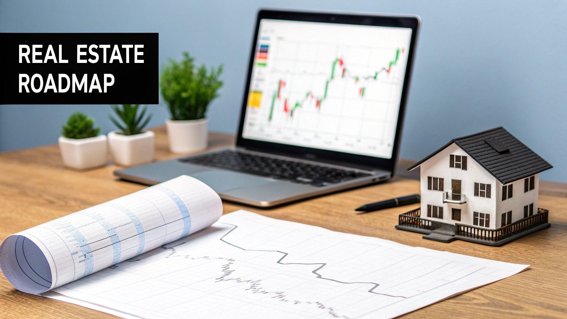 Real estate roadmap concept with a house model, laptop showing charts, and papers on a wooden desk.