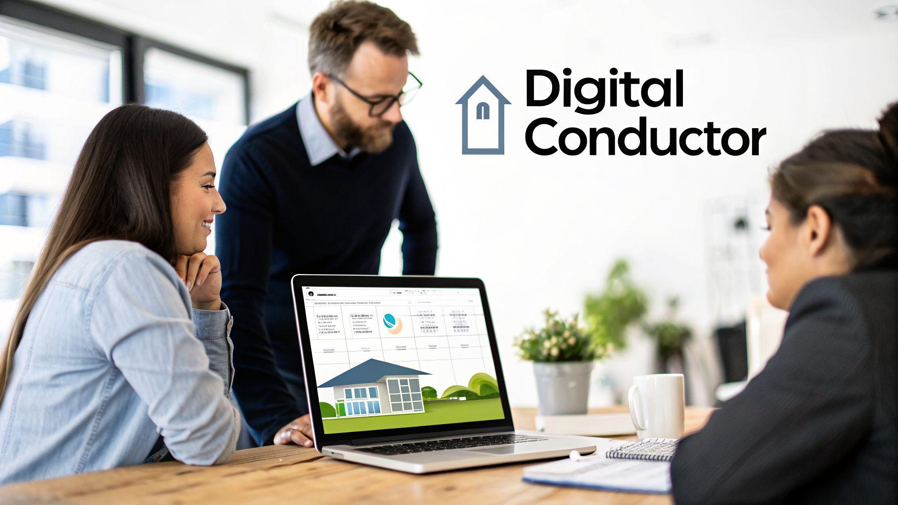 Business professionals collaborating on a laptop, using real estate management software featuring a house icon.