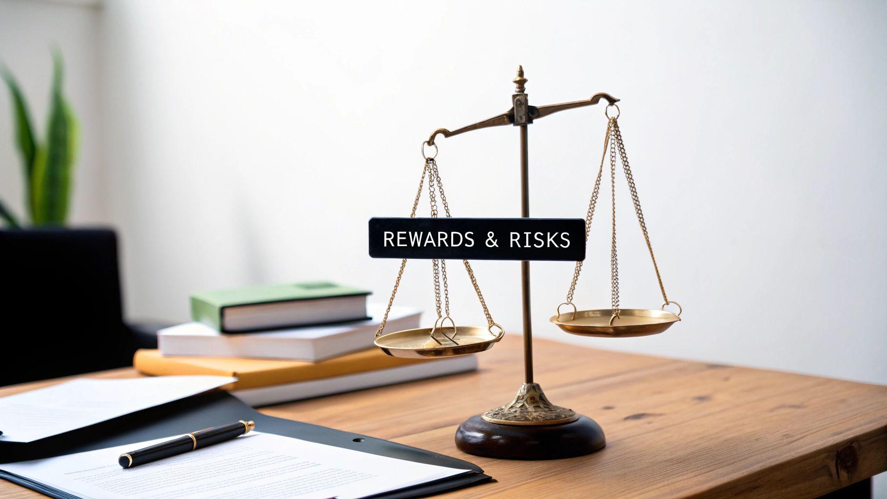 A set of scales balancing a model house on one side and a stack of coins on the other, representing the balance of risk and reward in real estate.