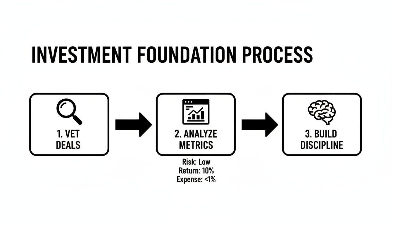A visual flow chart of the Investment Foundation Process with steps: Vet Deals, Analyze Metrics (Risk, Return, Expense), and Build Discipline.