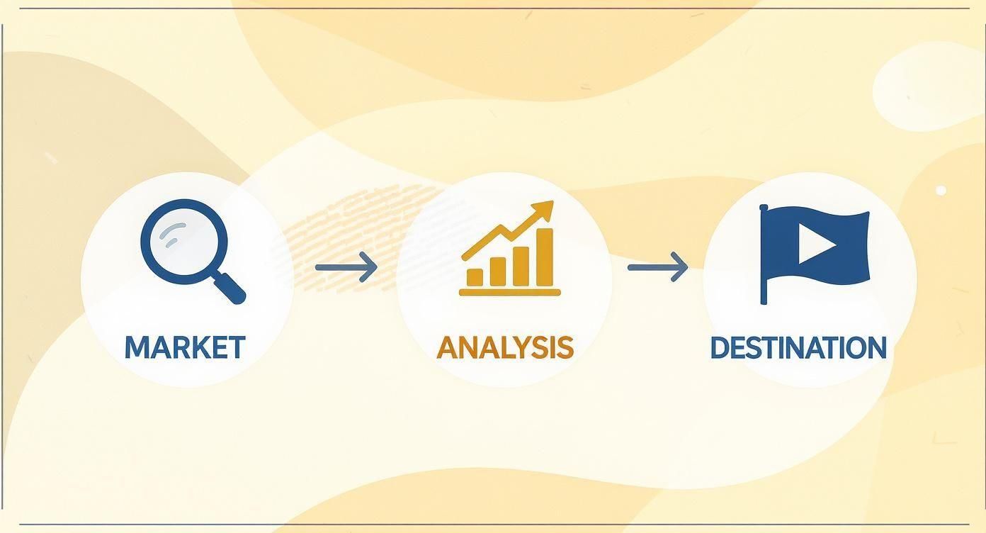 A three-step process diagram illustrating market research, data analysis, and achieving a business destination.