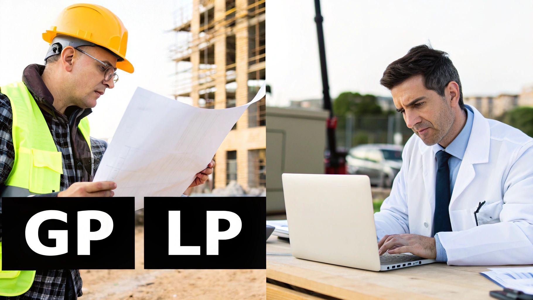 Split image shows a construction worker reviewing plans and a doctor working on a laptop.