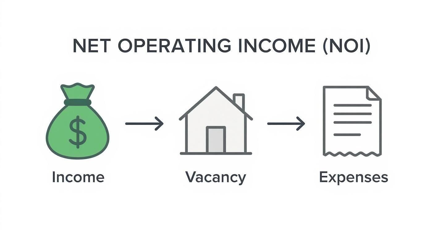 Net operating income formula diagram showing income minus vacancy minus expenses calculation flow