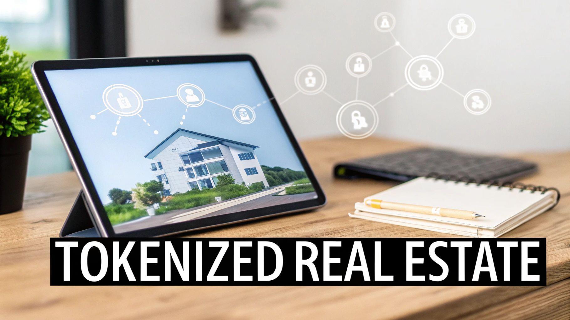 A tablet displays a modern house with digital network icons, symbolizing tokenized real estate.