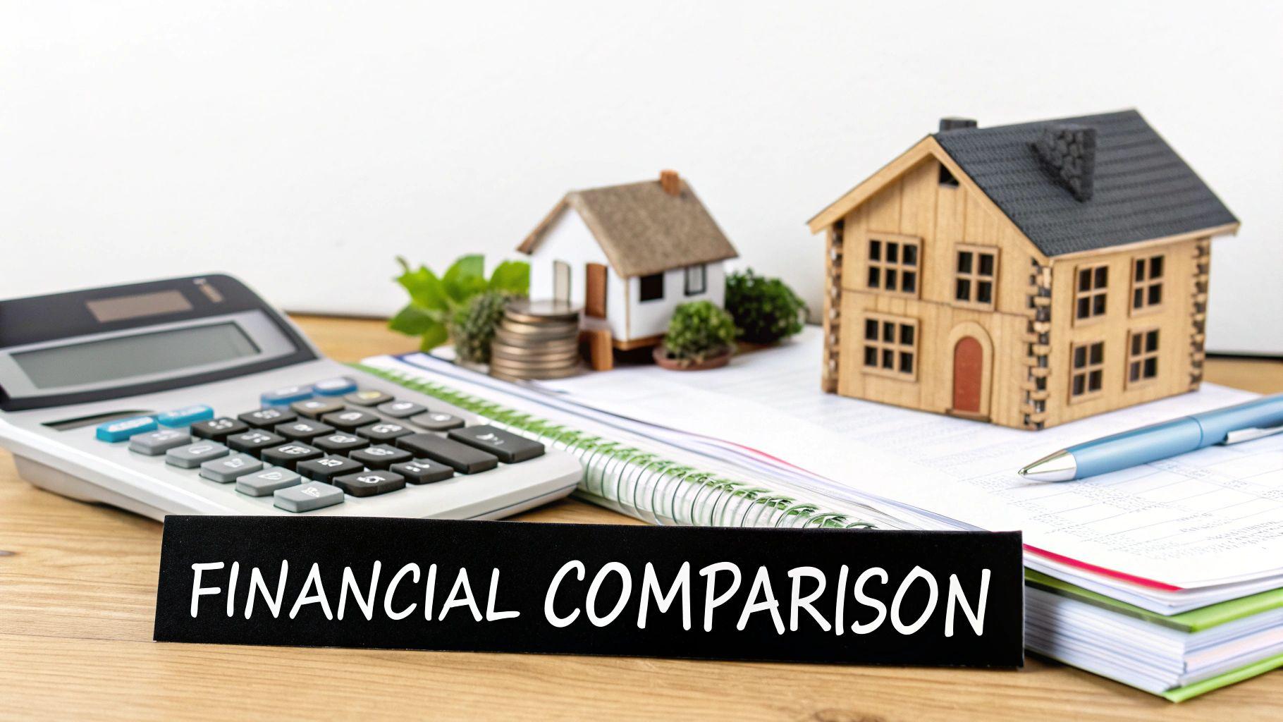 A calculator, miniature houses, and a 'Financial Comparison' sign on a desk for property analysis.
