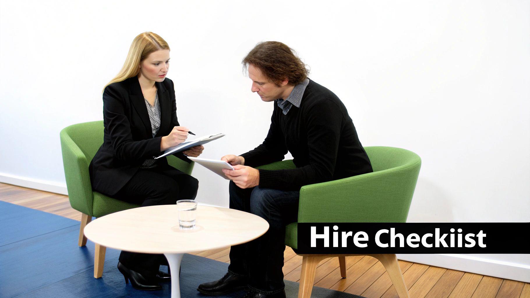 Two professionals discussing documents during what appears to be a job interview in a modern setting.