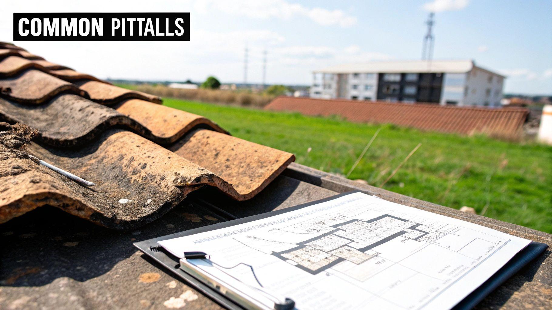 Weathered roof tiles with a pen, architectural blueprint, and 'Common Pitfalls' banner.