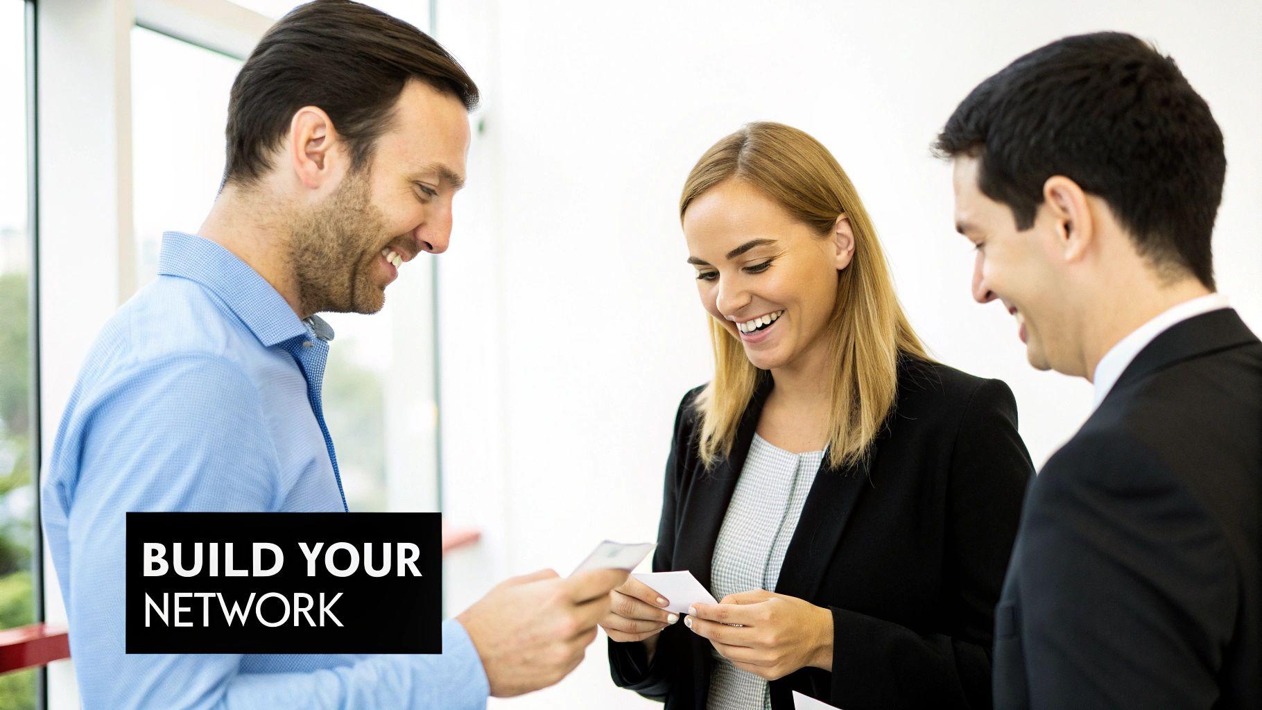 Three smiling professionals exchanging business cards, building their network in a modern office.