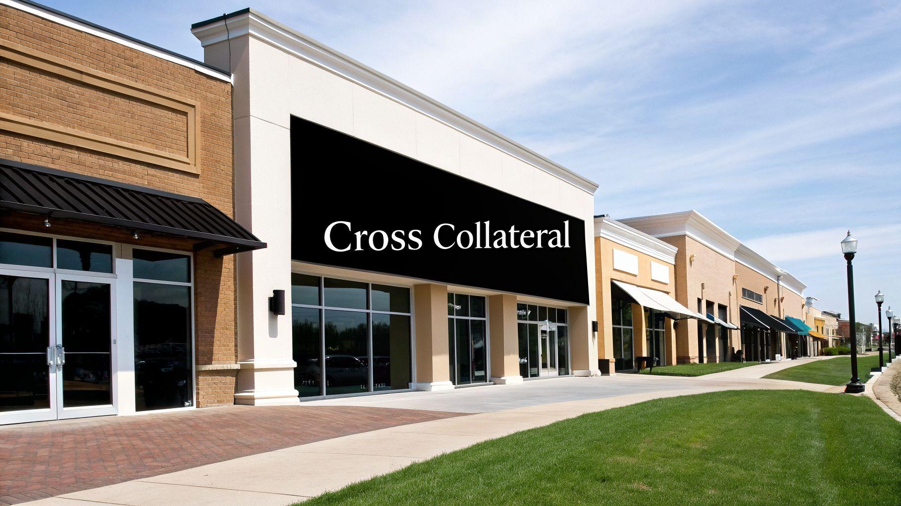 A modern outdoor shopping center with multiple storefronts and a large sign reading 'Cross Collateral'.