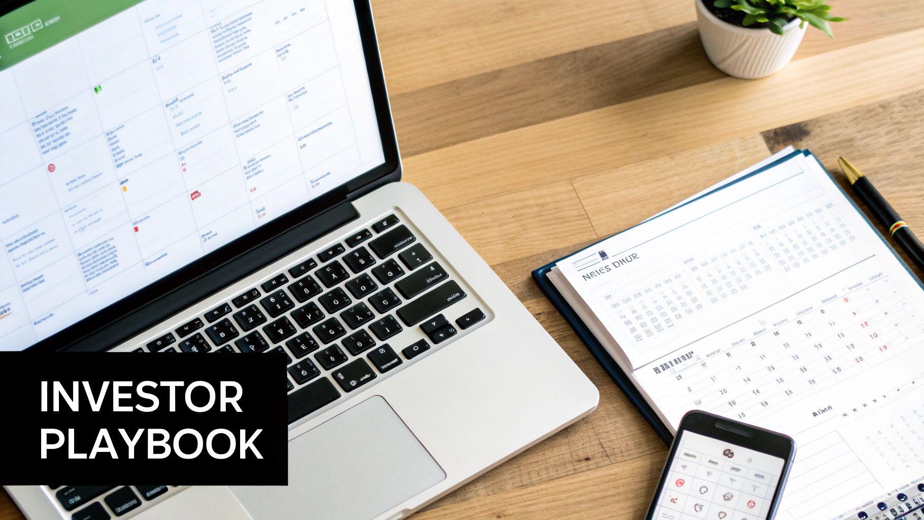 A top-down view of a modern workspace with a laptop, calendar, smartphone, and a small plant.