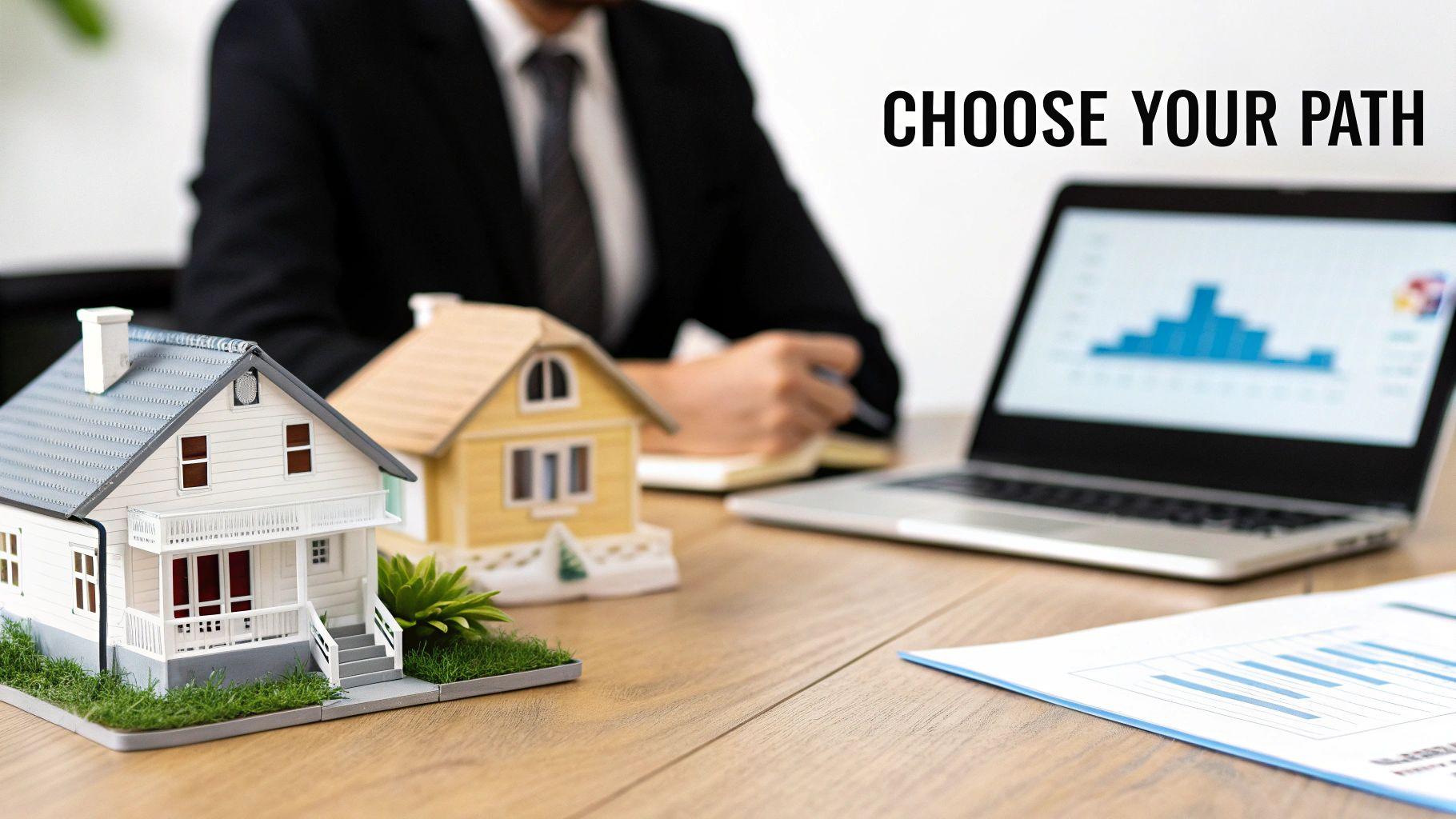 Two house models, a business person, and financial charts on a laptop and paper, with 'CHOOSE YOUR PATH' text.