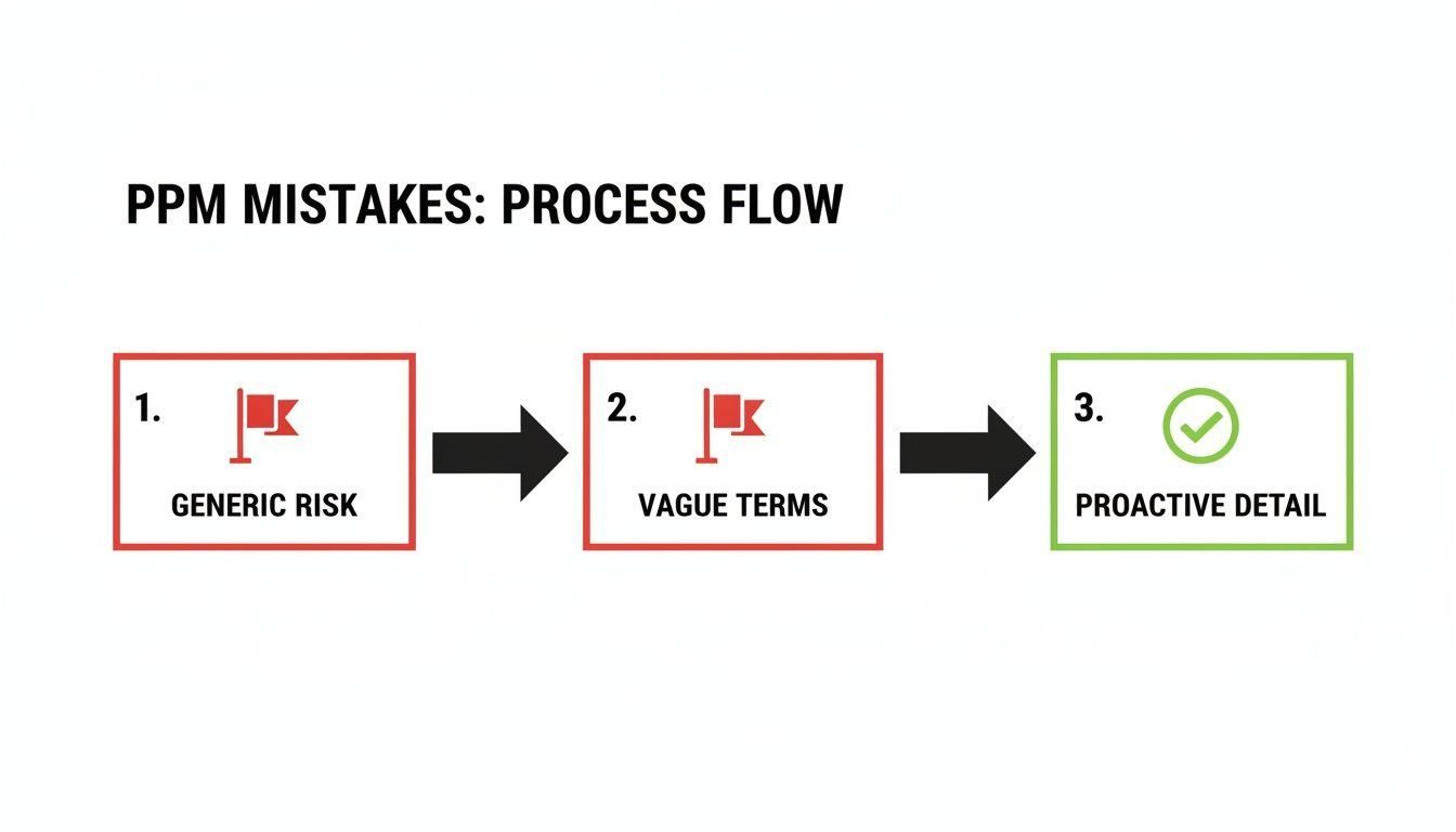 A process flow diagram shows PPM mistakes: Generic Risk and Vague Terms, leading to Proactive Detail.
