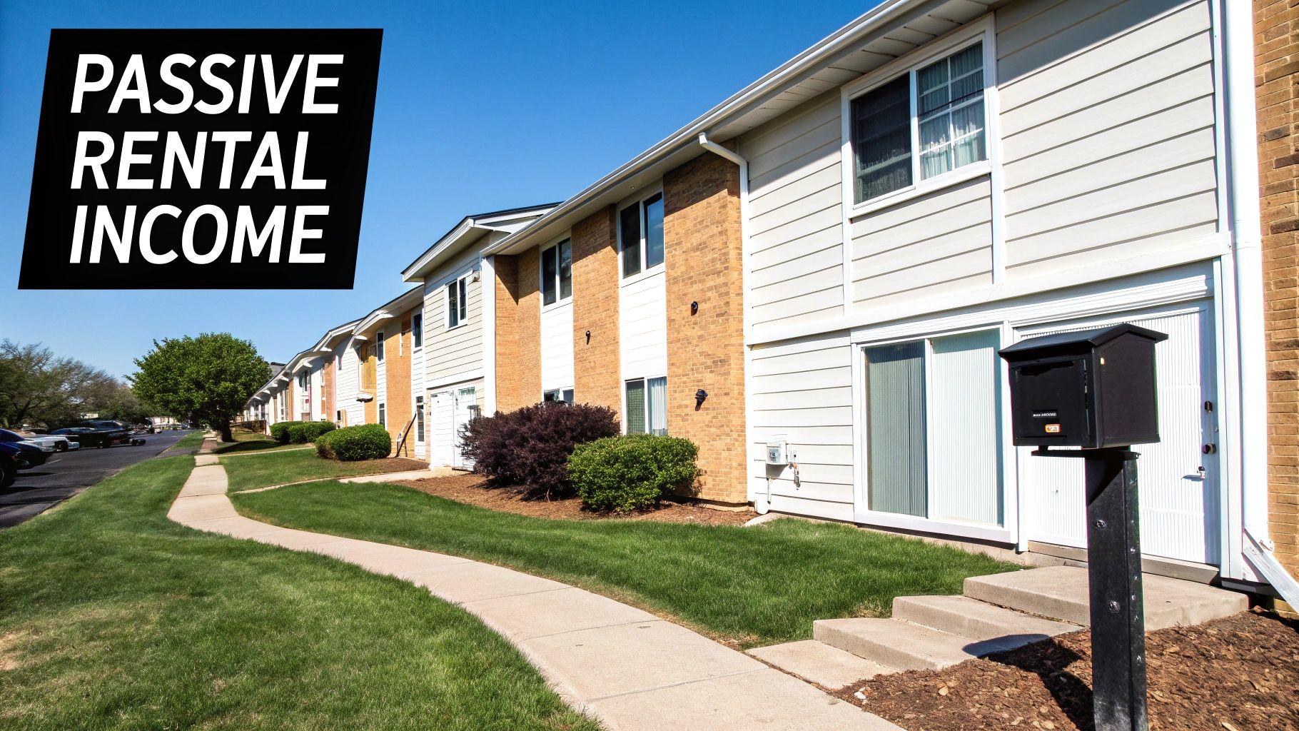A row of apartment buildings with 'PASSIVE RENTAL INCOME' text under a blue sky.