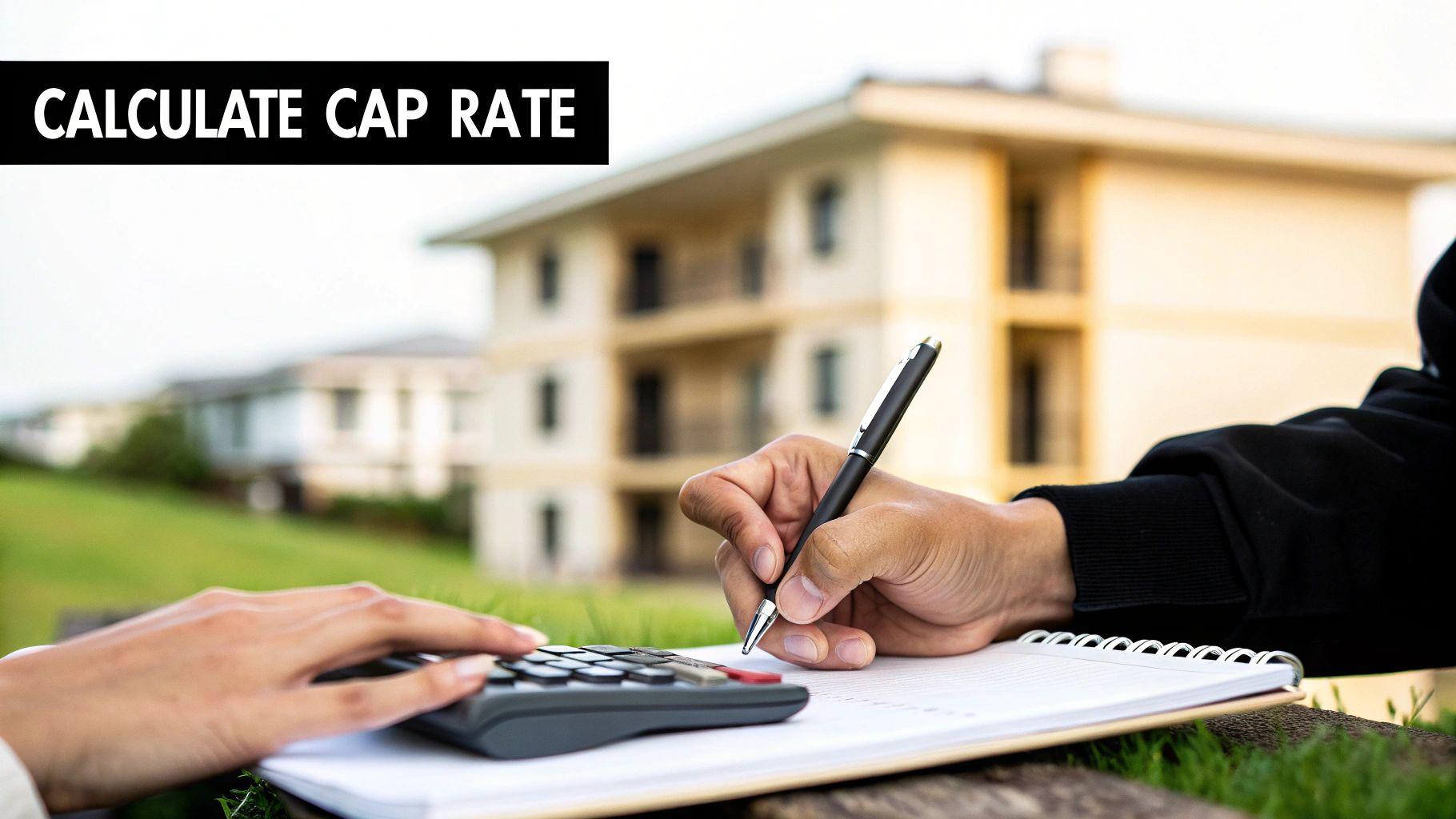A person working on a laptop with financial charts and graphs on the screen, representing real estate analysis