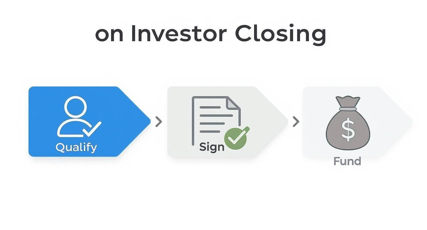 Three-step process for investor closing: Qualify, Sign documents, and Fund. Illustrates capital raising.