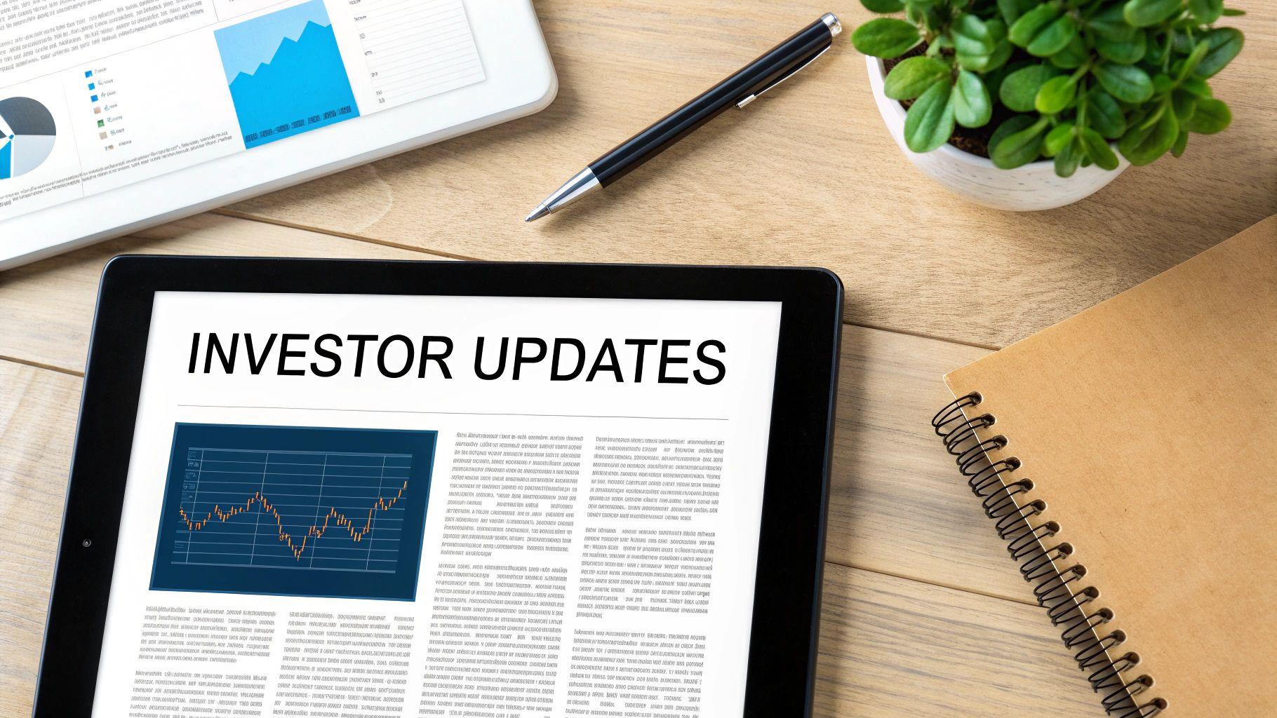 A tablet displays 'INVESTOR UPDATES' with a financial chart on a wooden desk with other office items.