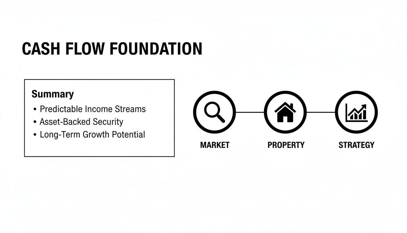 Diagram illustrating Cash Flow Foundation with a summary and three pillars: Market, Property, and Strategy.