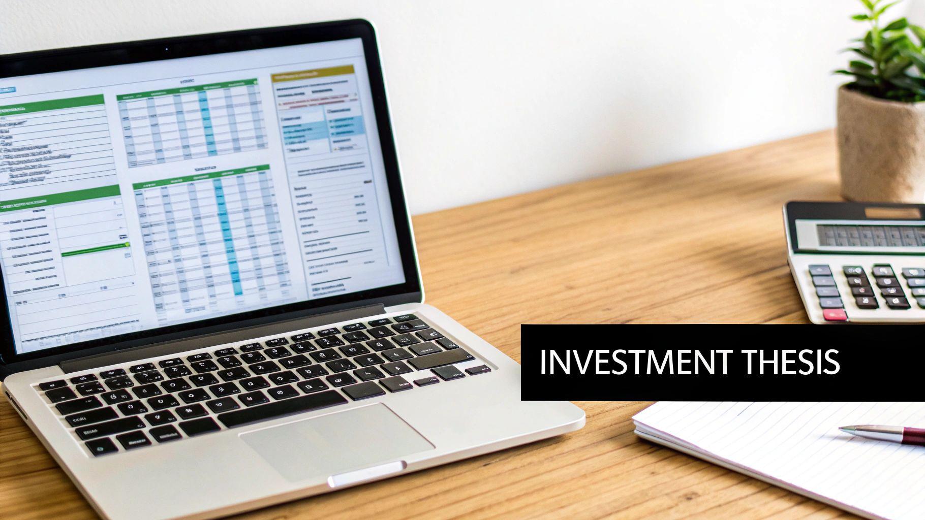 Laptop displaying financial spreadsheets, a calculator, and a notebook on a wooden desk, with 'INVESTMENT THESIS' overlay.
