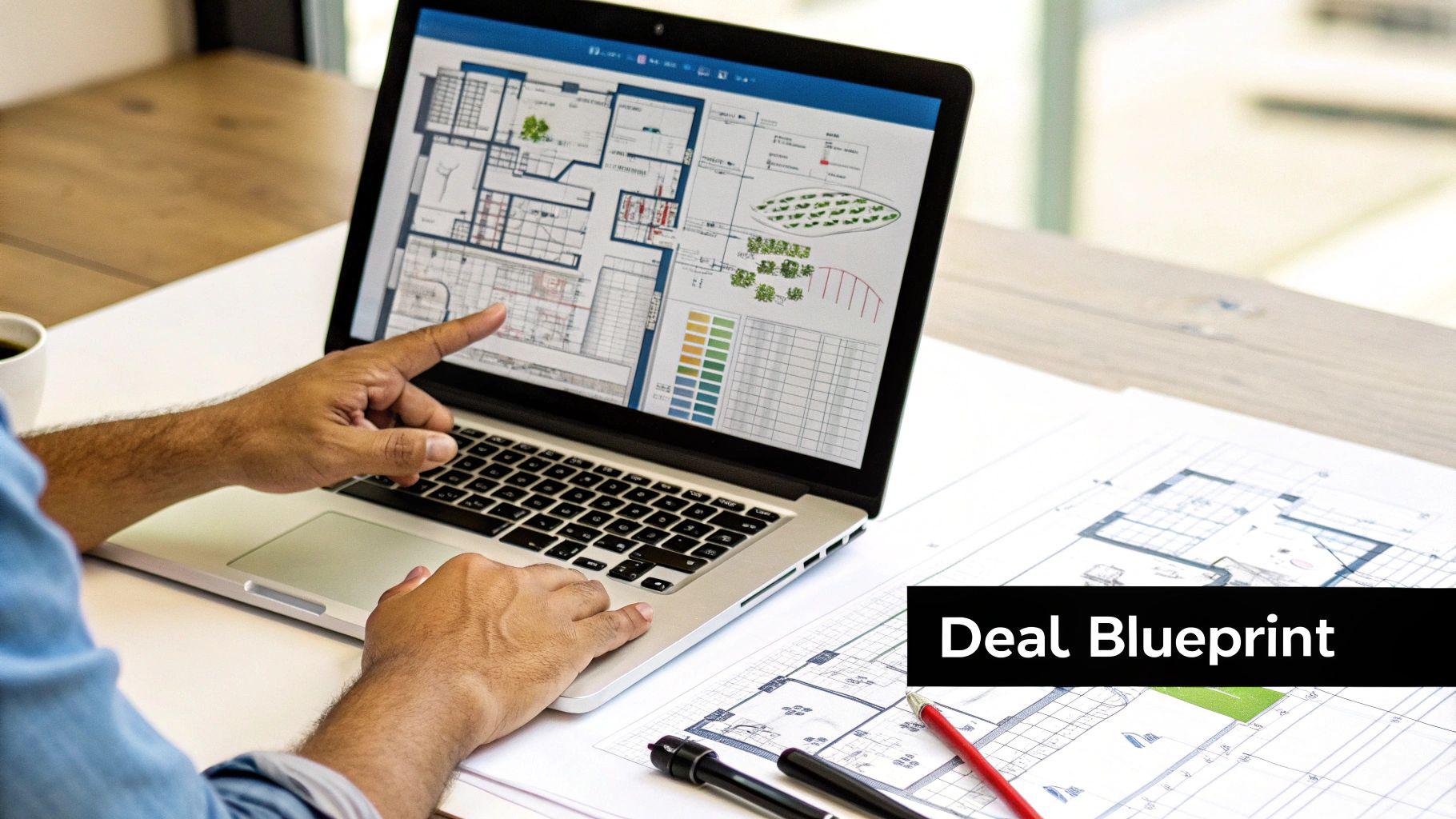 A person points at a laptop displaying a real estate blueprint while working on a table with paper plans.