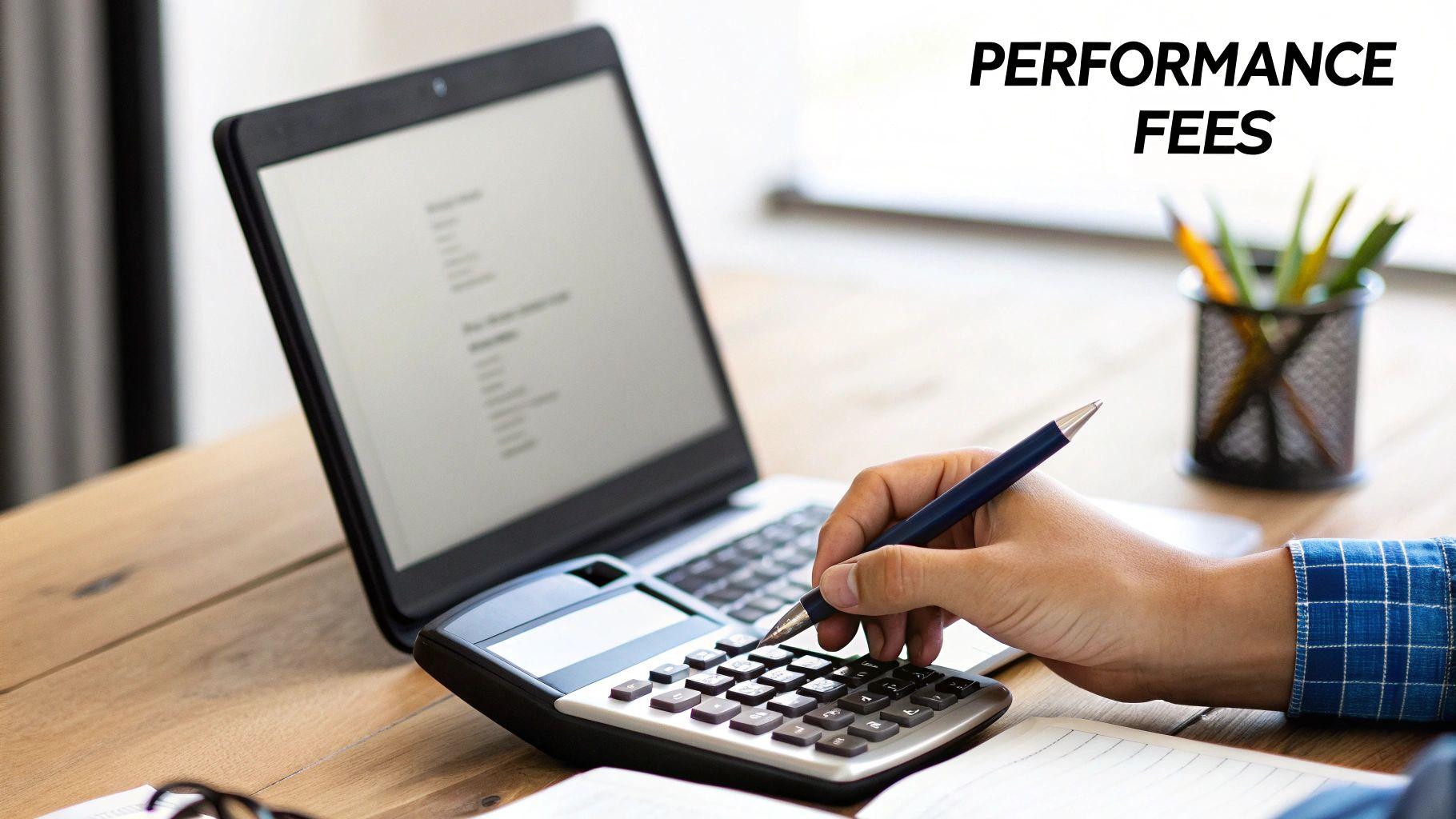 A person's hand calculates numbers on a desk with a laptop open, text reads "PERFORMANCE FEES".