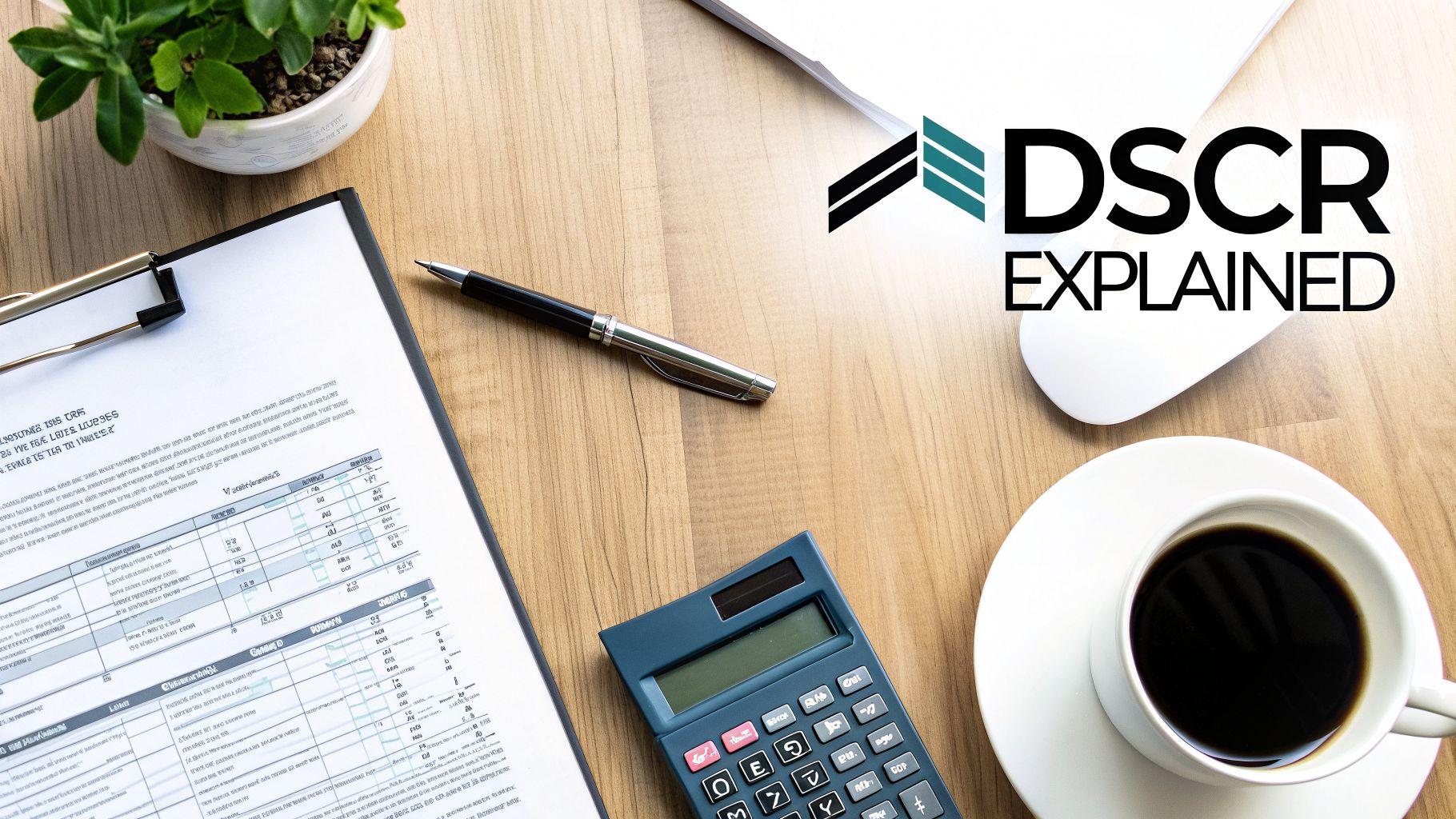A business desk flat lay with a document, calculator, pen, coffee, and a plant, titled DSCR Explained.