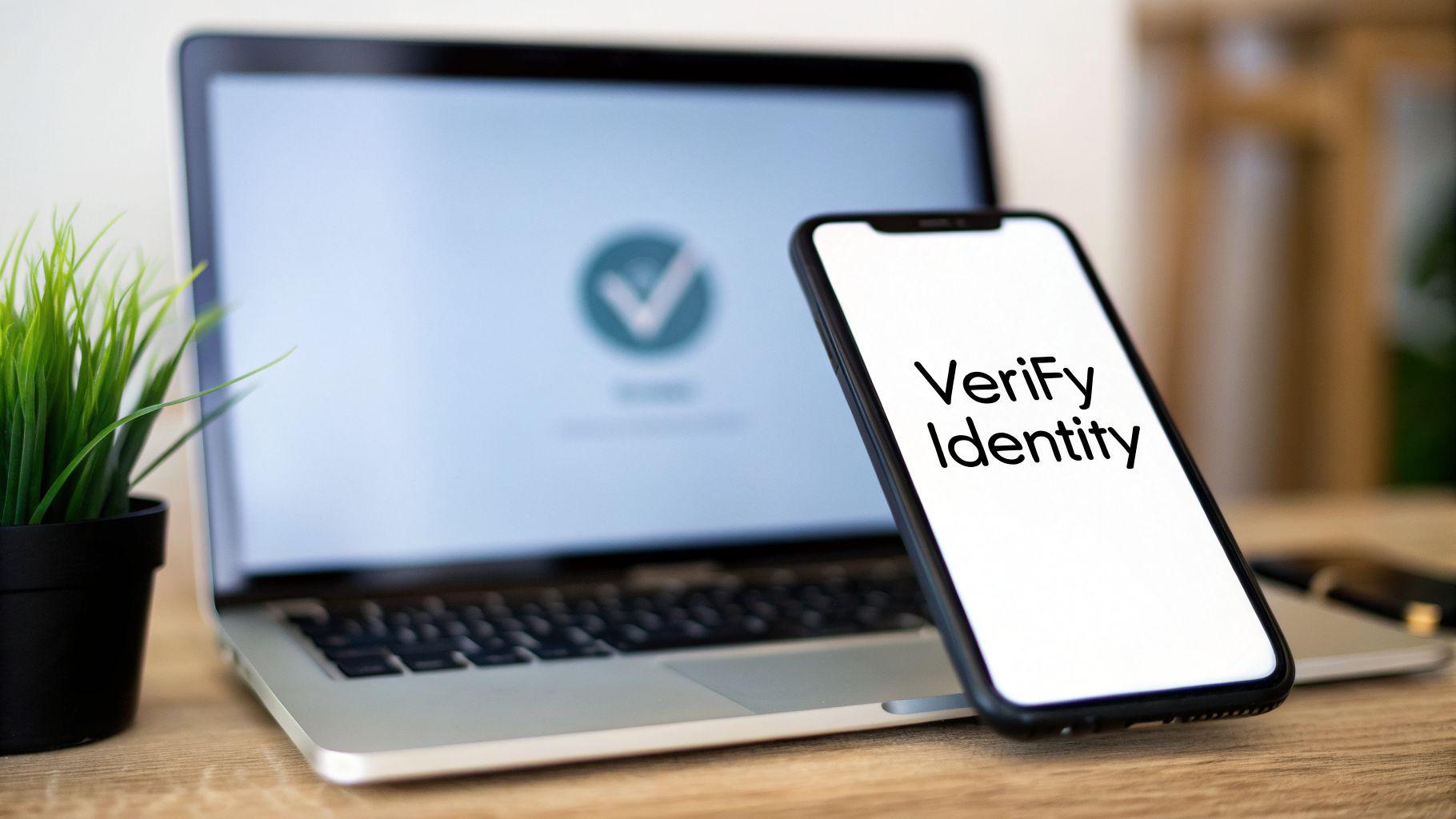 Smartphone displaying 'Verify Identity' leans on a laptop showing a checkmark, symbolizing secure identity confirmation.