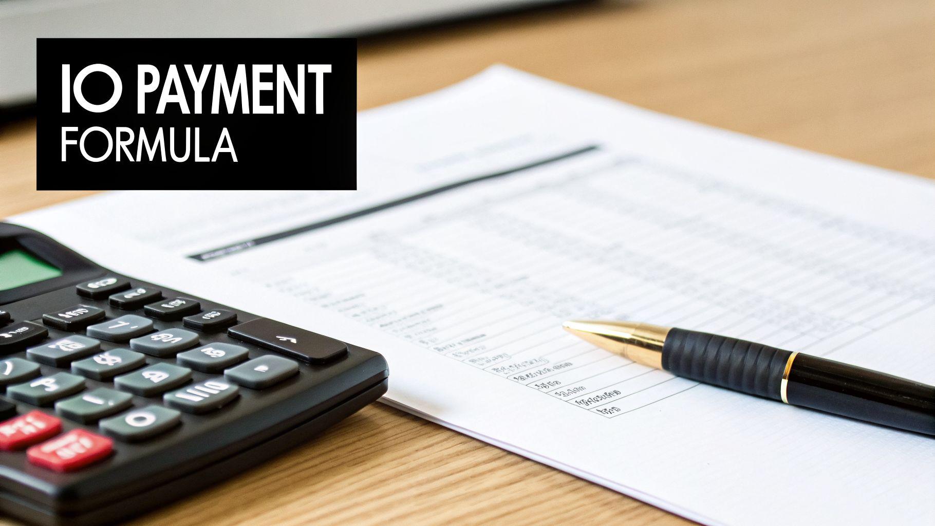 A calculator, pen, and document with 'IO PAYMENT FORMULA' on a wooden desk.