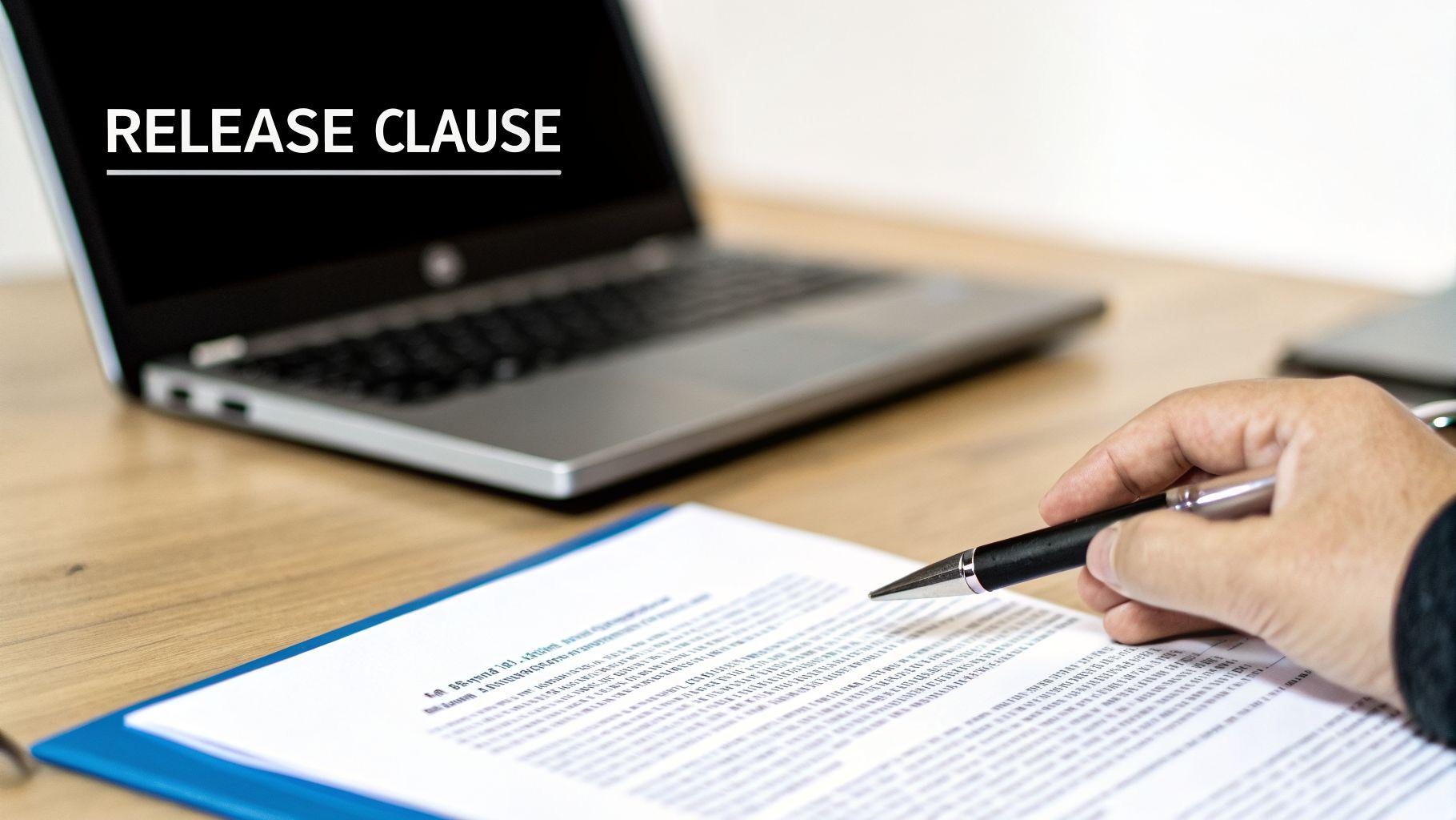 A hand holding a pen pointing at a legal document with a laptop displaying 'RELEASE CLAUSE'.