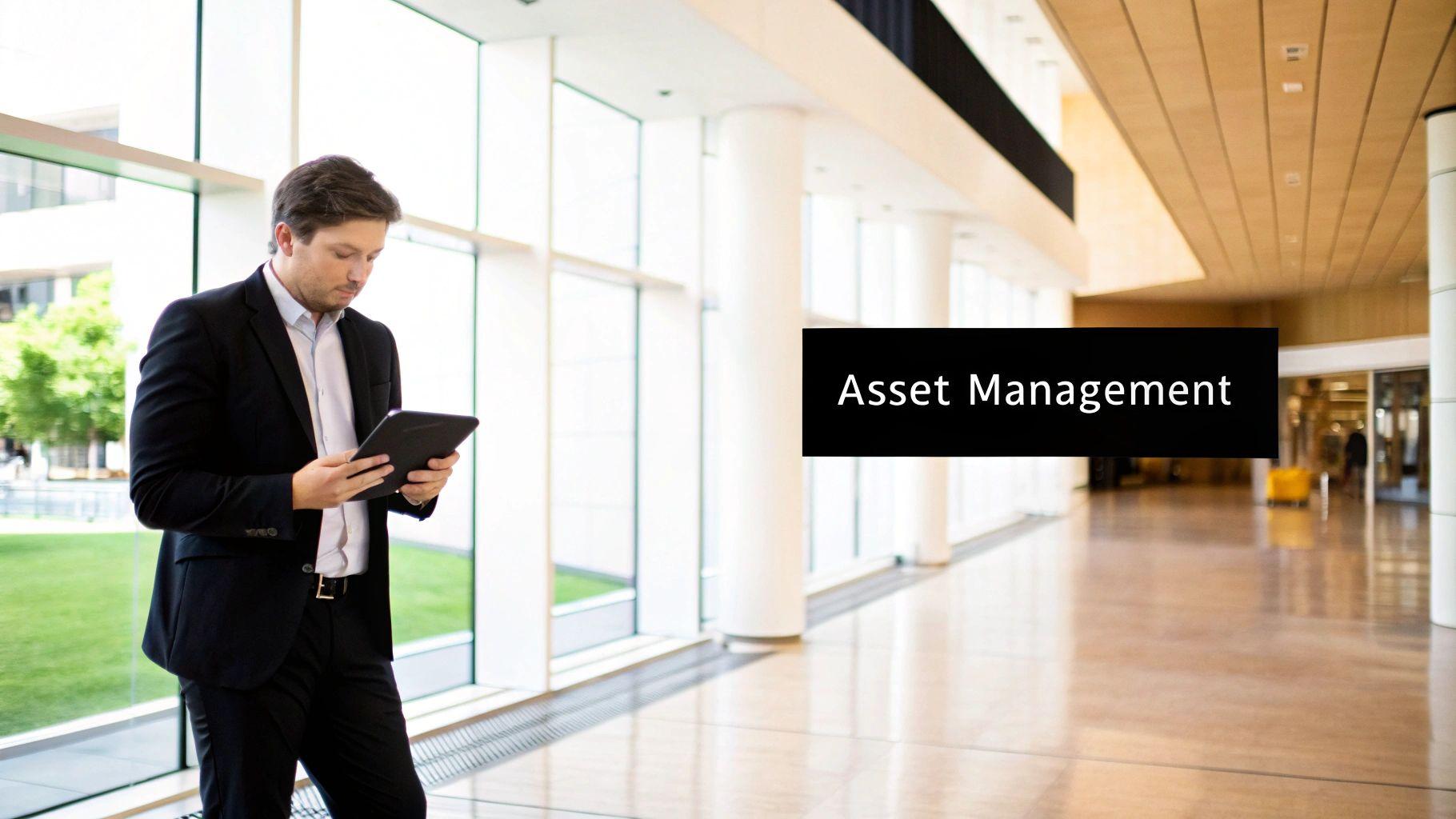 A businessman in a suit looks at a tablet in a modern office with 'Asset Management' text.