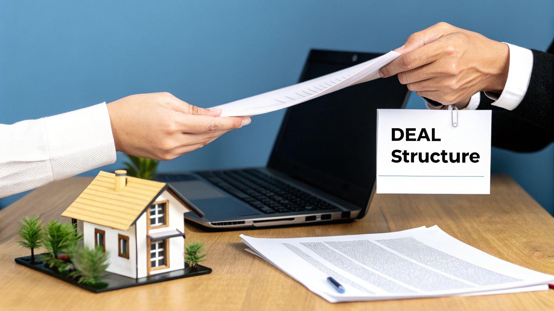 Two hands exchanging deal documents over a desk with a miniature house model and laptop.