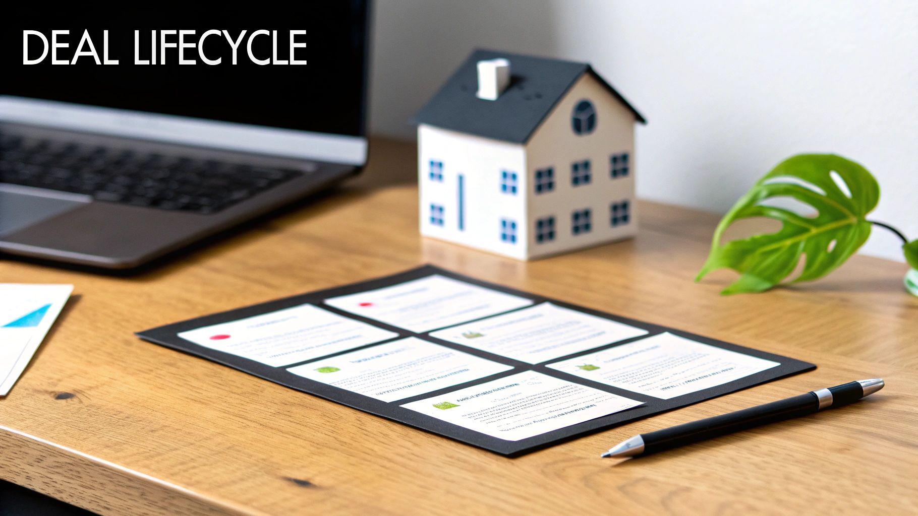 A desk with a laptop displaying 'DEAL LIFECYCLE', a miniature house, and a document outlining deal stages.