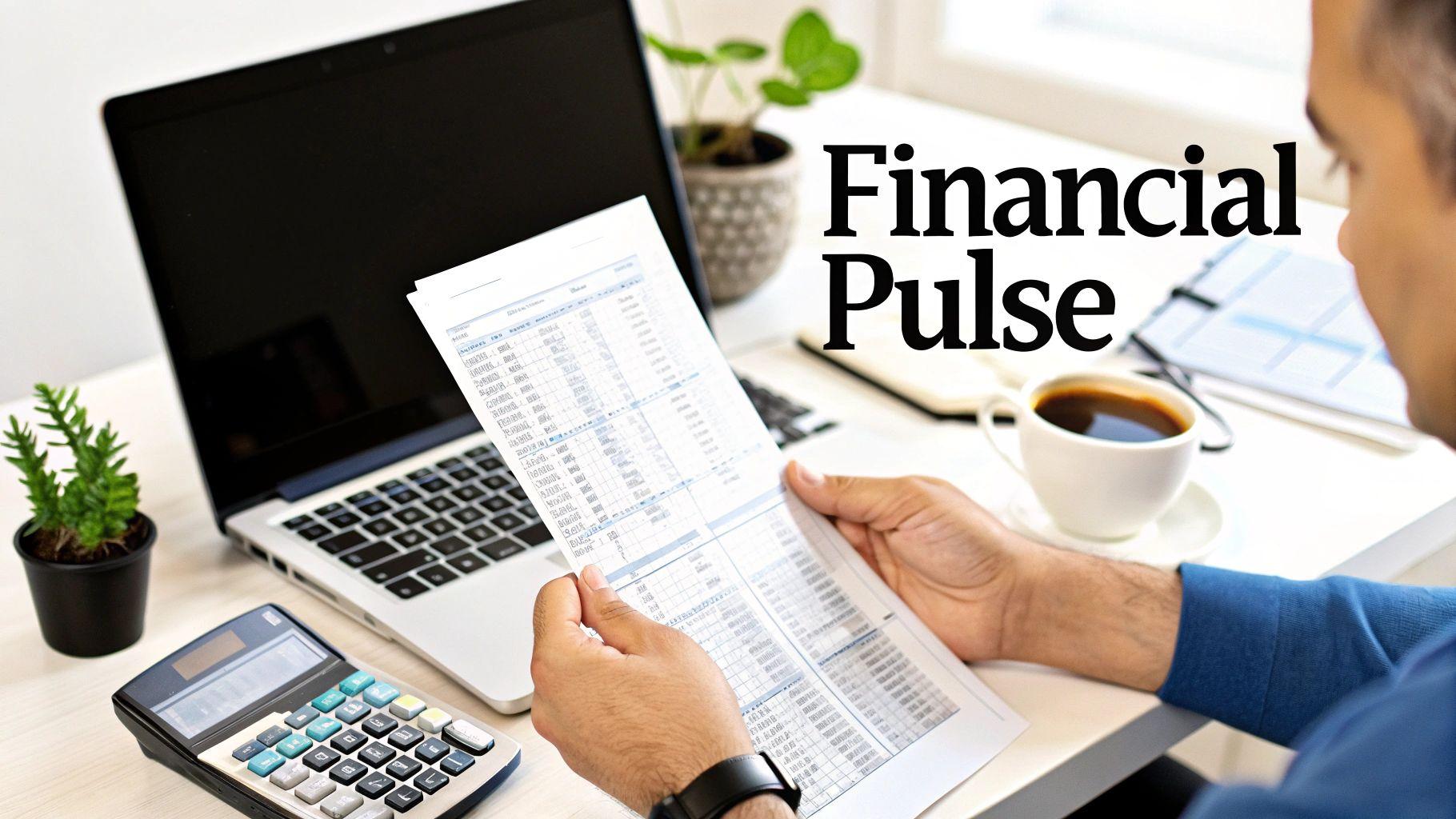 A person reviewing financial documents and a spreadsheet on a desk with a laptop and calculator.