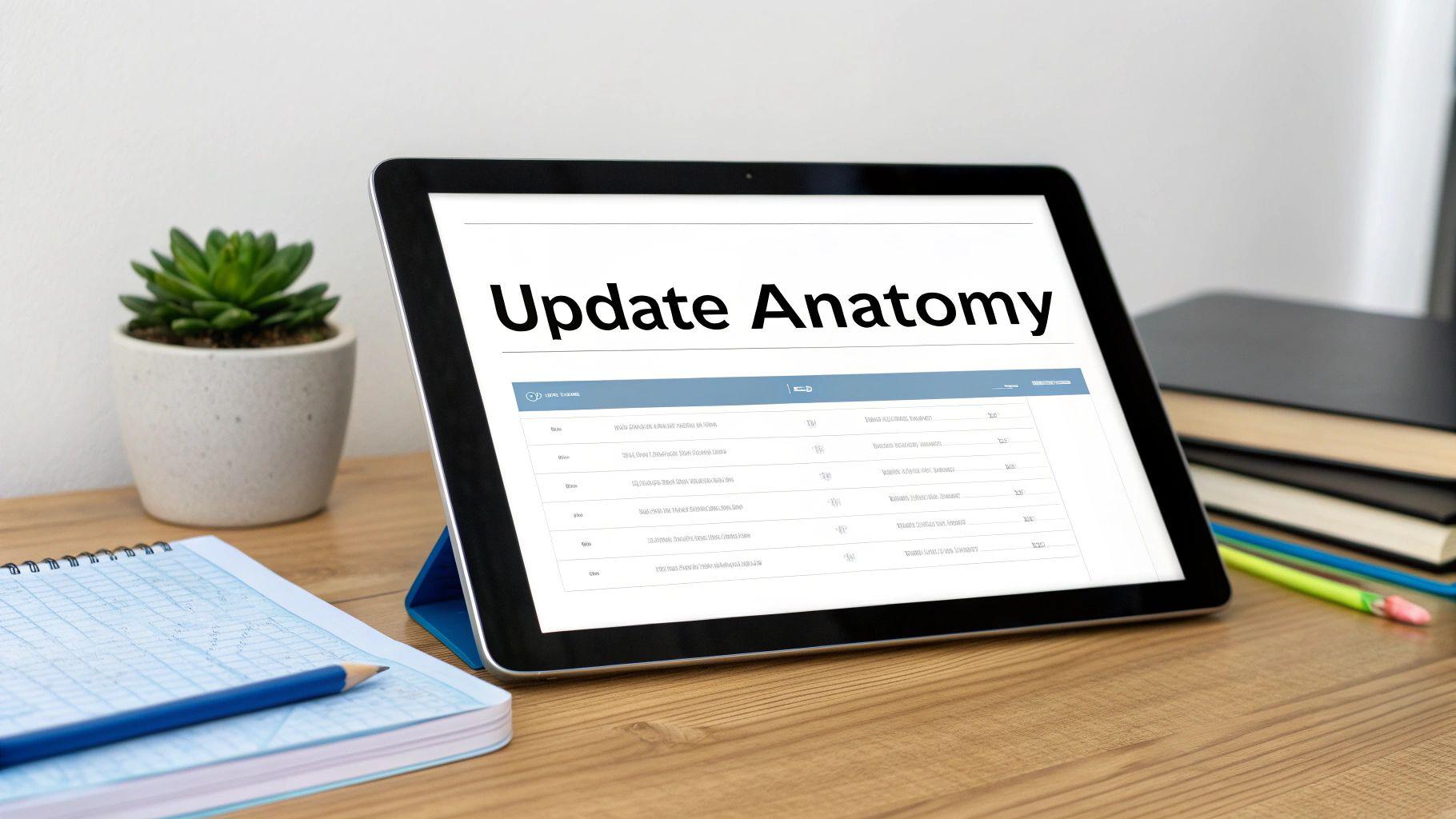 An infographic-style image breaking down the different sections of a document, symbolizing the structure of an investor update email.