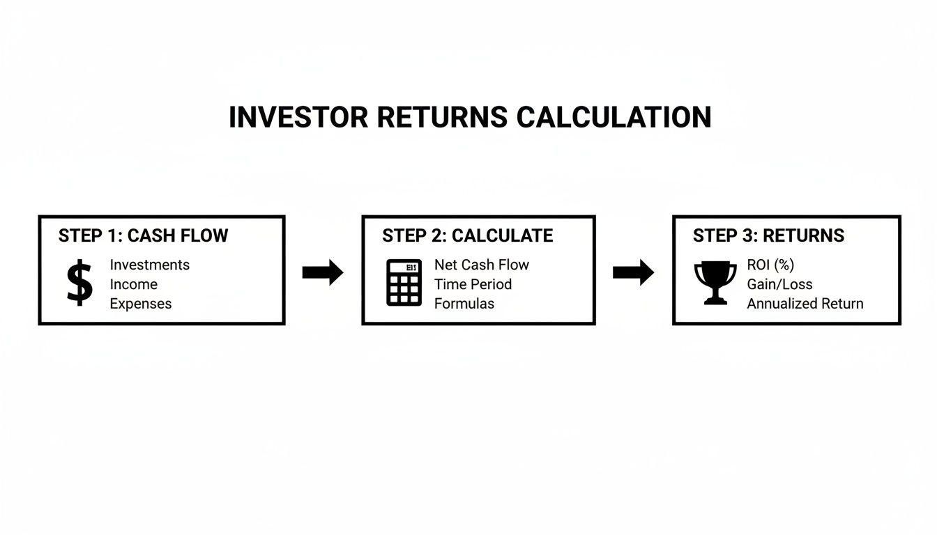 Flowchart illustrating investor returns calculation steps, covering cash flow, calculation, and final returns metrics.