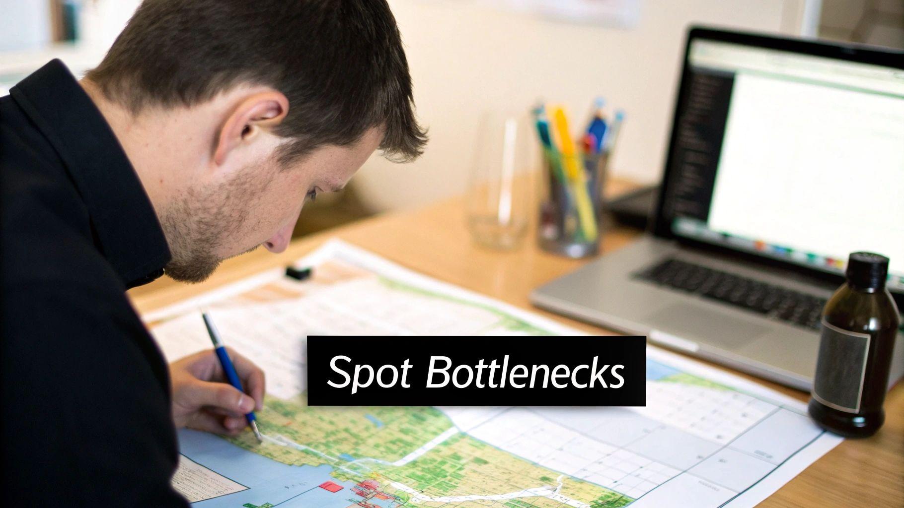 Magnifying glass over a business process flowchart, highlighting a bottleneck.