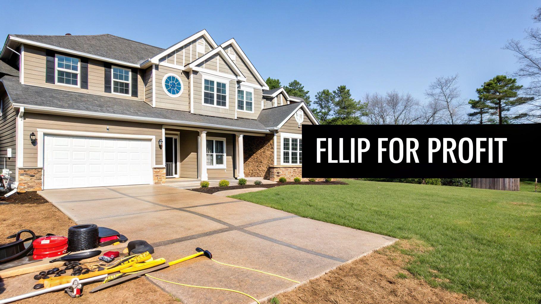 A modern, newly built house with a two-car garage and a black banner reading 'FLLIP FOR PROFIT'.