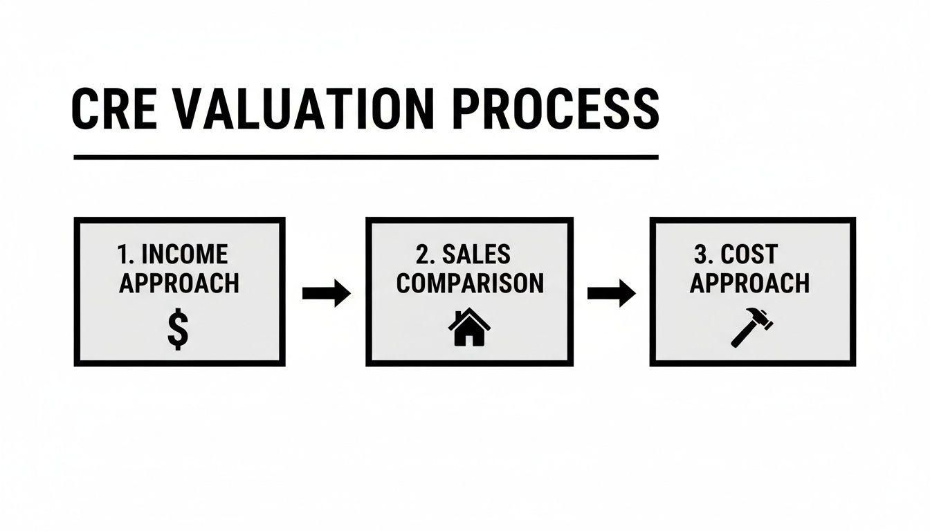 Infographic outlining the CRE valuation process: Income, Sales Comparison, and Cost Approaches.