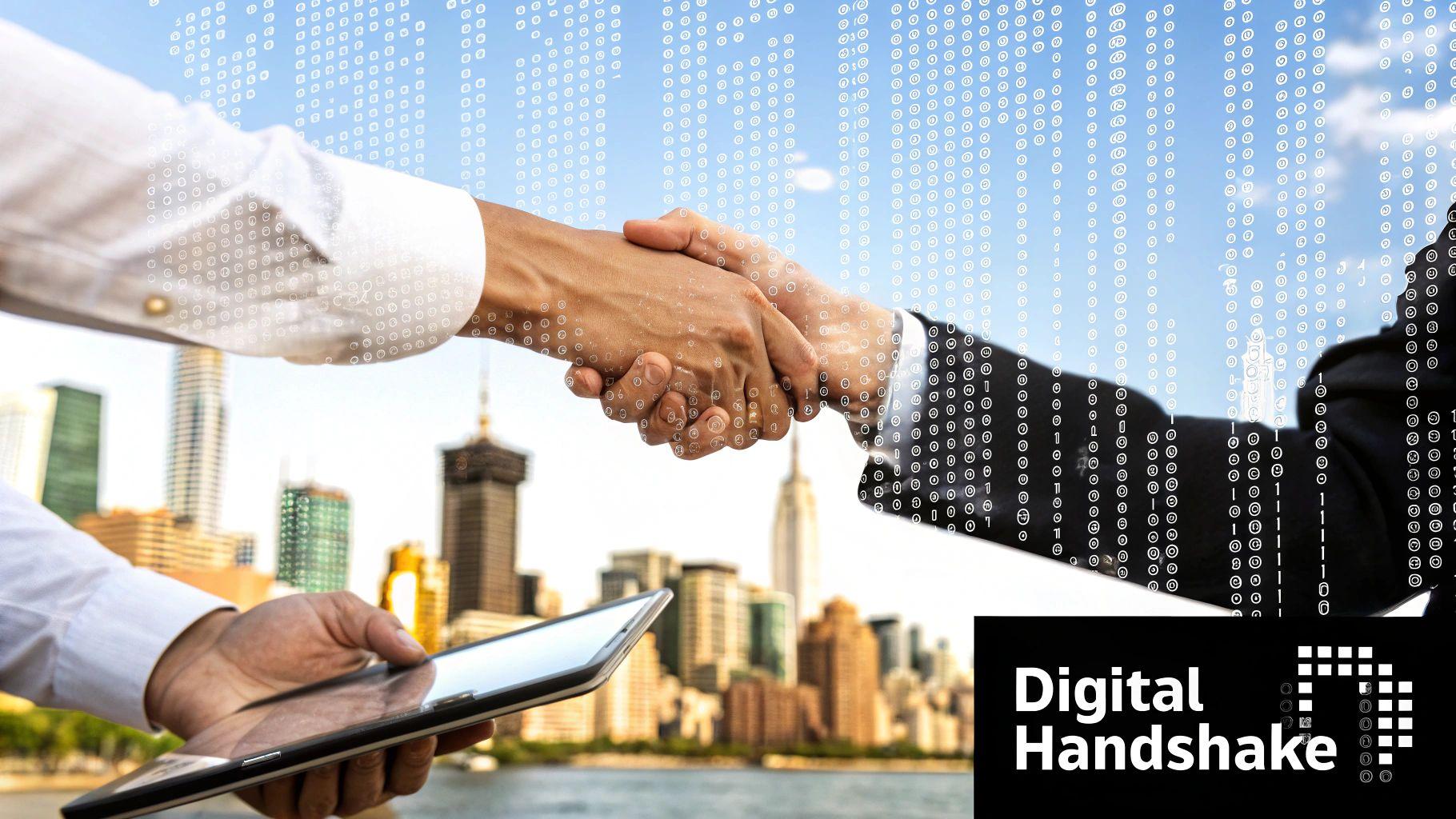 A real estate agent showing a couple a house on a tablet, symbolizing the digital process.