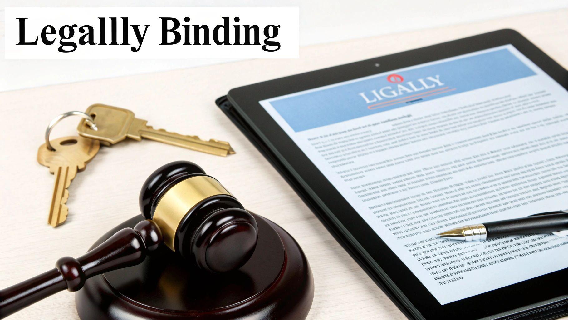 A gavel resting on top of a signed digital contract on a tablet, symbolizing legality.