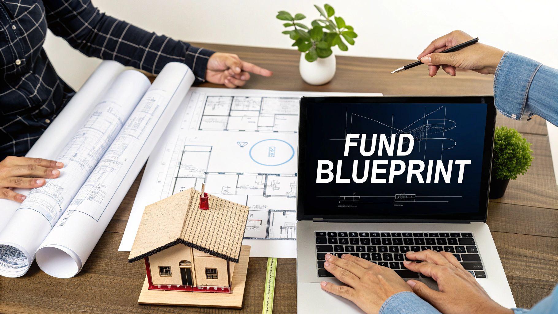 Two people discuss architectural blueprints with a model house and a laptop showing "FUND BLUEPRINT".